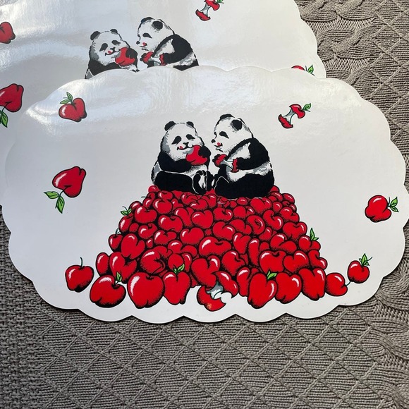 Vintage 70s Funky Panda & Apples Scalloped Vinyl Placemats - Picture 4 of 10